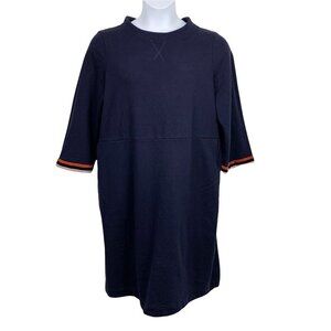 Boden Size 16L Dress Knit Navy Blue 3/4 Sleeve Velvet Trim Pockets Shift Fit
